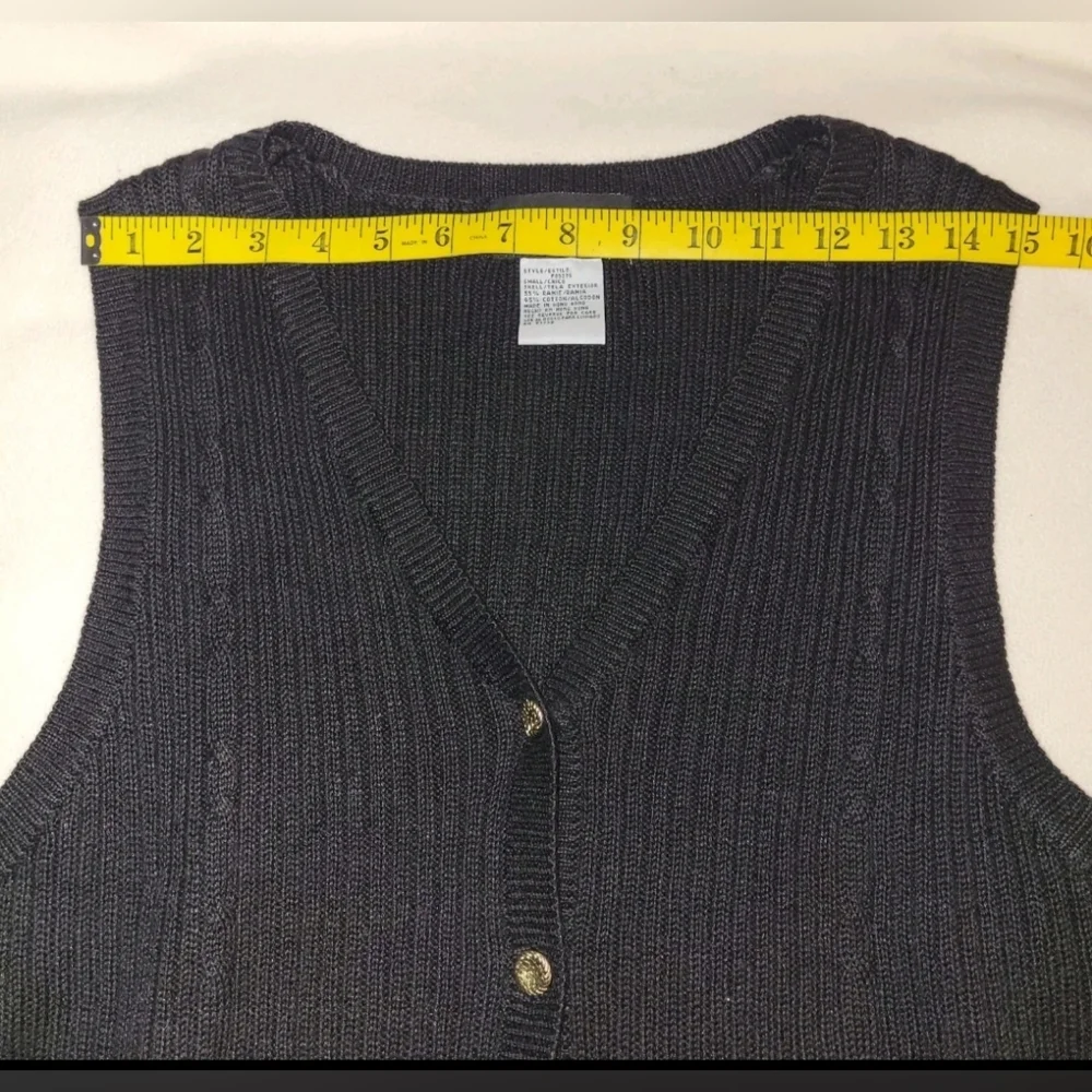 Vtg Sag Harbor Black Button Up Cable Sweater Vest Small Gold Button Academia